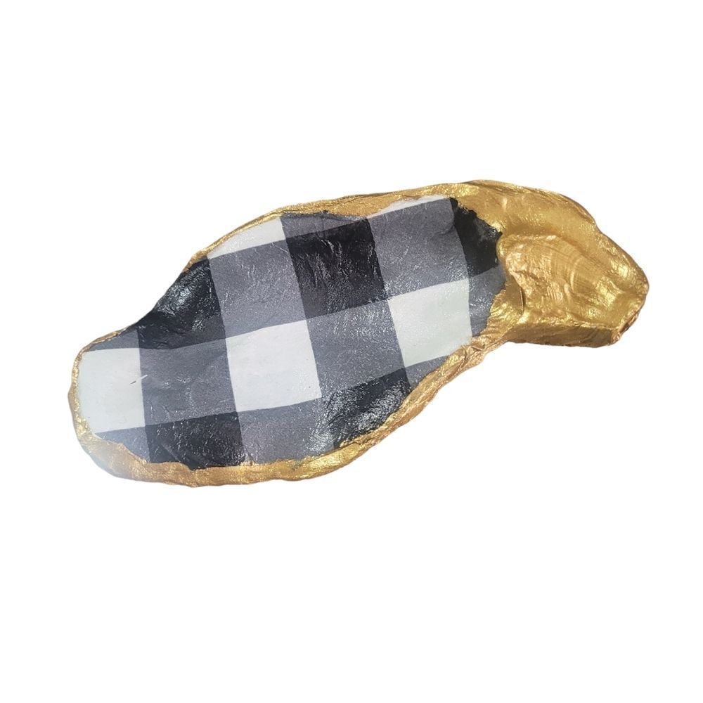 Handmade black & white Buffalo plaid trinket tray oyster